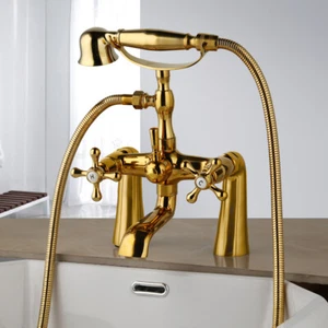 Gold Telephone Style Deck Mount Bathtub Faucet Mixer Tap with Hand Shower Spray - Picture 1 of 10