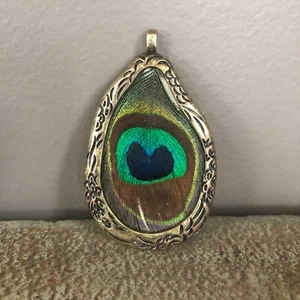 Brass Peacock Feather Necklace Pendant, Large, Gift for Her, Jewelry - Picture 1 of 3