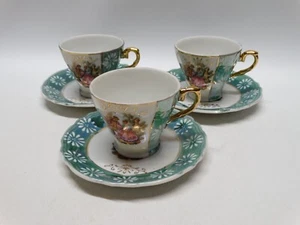 3er Set Vintage grün Glanzgeschirr umwerbende Paare Demitasse Teetasse & Untertasse Japan - Bild 1 von 15