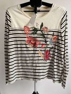 PER UNA LONG SLEEVED TOP SIZE 22 (UK) CREAM + BLACK STRIPE + FLORAL DESIGN *NEW* - Picture 1 of 11