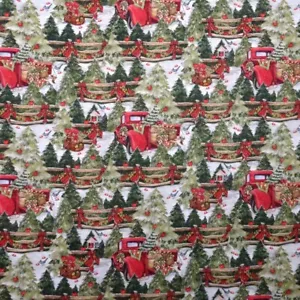 Christmas Fabric - Susan Winget Pine Tree Fence & Red Pickup - Cotton LAST 18" - Picture 1 of 1