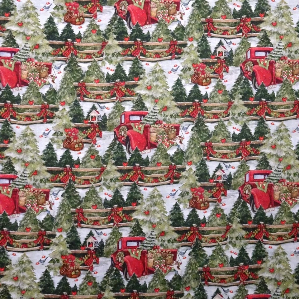 Christmas Fabric - Susan Winget Pine Tree Fence & Red Pickup - Cotton YARD - Image 1 of 1