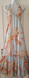 Womens Monsoon Blue Orange Leaf Halterneck Tiered Tassel Backless Maxi Dress M. - Picture 1 of 14