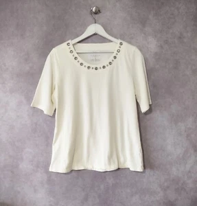 Talbots Shirt Women Medium Beige Beaded Neck Pullover Short Sleeve Casual Ladies - Picture 1 of 6