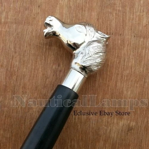 Bastão de caminhada vintage antigo com acabamento em latão cabo de cabeça de cavalo preto madeira - Imagem 1 de 4