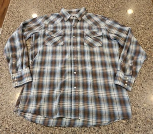 Roebucks Plaid Flannel Shirt Pearl Snap Men's Large 16-16.5 Brown Blue Vintage - Picture 1 of 12