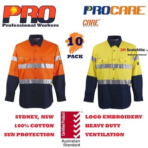 10 pack Hi Vis Work Shirt with vent cotton drill 3M reflective Tape long sleeves - Picture 1 of 8