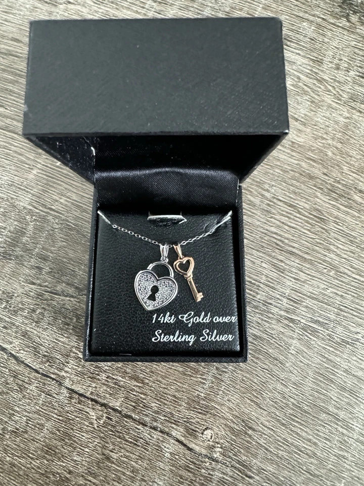 Macy's Diamond Accent Heart & Lock Key Necklace 18" Pendant 925 Sterling Silver