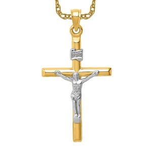 14K Solid Two Tone Gold Jesus Crucifix Cross Necklace - Picture 1 of 12