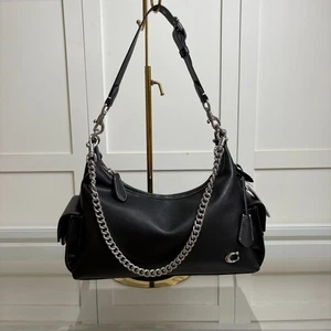 COACH CAM20 Pocket Juliet Bag 30 Globe Tan Leather Black Silver Zip Closure - Picture 1 of 9