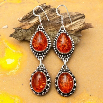 Pendientes colgantes ámbar báltico plata de ley 925 boho naranja joyería regalo Foto 1 de 4