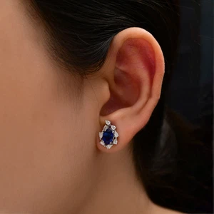 2.62 Tcw Natural Blue Sapphire SI/H Diamond Stud Earrings 14k White Solid Gold - Picture 1 of 12