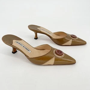 Manolo Blahnik Vintage Tan Leather Button Detail Pointed Toe Mule Heel IT 36 - Picture 1 of 10