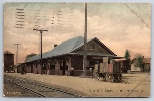 Railroad Depot Mount Vernon Illinois IL Hand-Colored 1909 Postcard - Picture 1 of 2