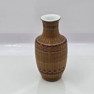 Mini piccolo vaso Rouleau porcellana cinese bambù tessuto rattan vintage vaso 4,5"H - Foto 1 di 21