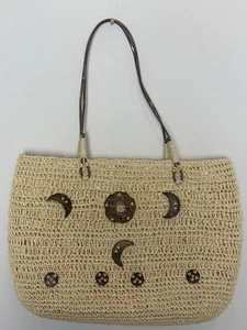 Beautiful Boho Indie Straw Weave Tote Bag - Very Strong Straps! Moon Stars - Picture 1 of 1