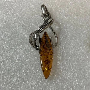 Vintage 2 Zoll Bernsteinfarben Anhänger Silberfarben Blatt Design Jugendstil 5,94 g - Bild 1 von 9