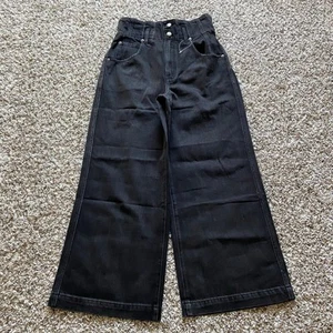 Pantalones de mezclilla para mujer Pistola Forever 26 descoloridos negros pierna ancha tiro alto 2 botones cremallera mosca - Imagen 1 de 9