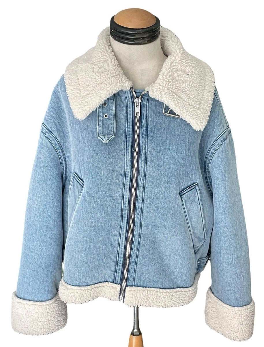 ZARA Faux Shearling Blue Denim Biker Jacket Coat Moto, sz XS ZW