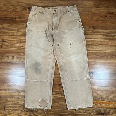 Pantalones de carpintero vintage Carhartt doble rodilla ropa de trabajo 36X30 color tostado EE. UU. lona de pato Foto 1 de 4