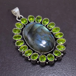 Colgante de joyería de plata de ley 925 con piedras preciosas de labradorita natural y peridoto - Imagen 1 de 7
