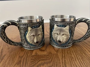 2 Timber Gray Wolf Celtic Coffee Mug Cup Stainless Steel Insert Direwolf Tribal - Picture 1 of 14