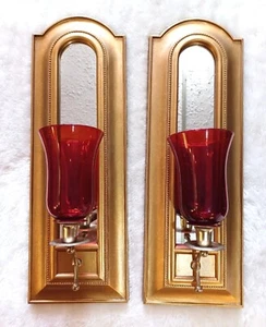 VINTAGE SET 2 GOLD CANDLE WALL SCONCE MIRROR HOLLYWOOD REGENCY RED VOLTIVE MCM - Picture 1 of 11