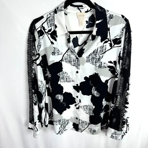 Chicos Women's Blouse Size 1 Medium White/Black Print Lace Accent Long Sleeves - Picture 1 of 7
