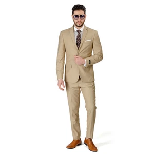Tan Beige Slim Fit Men Suit 2 Button Notch Lapel Azar Man Vest Optional 4030-10 - Picture 1 of 29