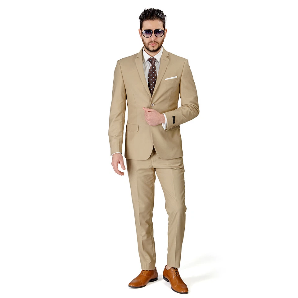 Tan Beige Slim Fit Men Suit 2 Button Notch Lapel Azar Man Vest Optional 4030-10 - Image 1 of 4