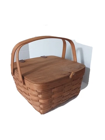 1997 Longaberger Pie(s) Or Picnic Basket Medium W/ Lid Leather Hinges 2 Handles Cover