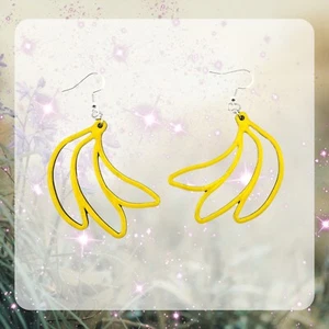 Yellow Banana Earrings - Fruit - Mini Food Jewelry - Laser Cut Wood - Picture 1 of 1