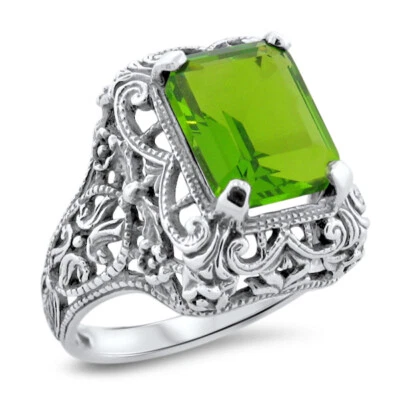 ANTIQUE STYLE 925 STERLING SILVER FILIGREE SIMULATED 2.6 CT. PERIDOT RING  1125z - Image 1 of 4