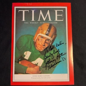 Johnny Lattner Signed 8x10 Time Card 1953 Heisman Trophy Notre Dame Inscr To Col - Picture 1 of 3