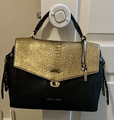 NWT MICHAEL Michael Kors Bristol Top-Handle Medium Leather Satchel Black & Gold - Image 1 of 4