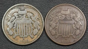 Lot of 2x 1868 Copper Two Cent Pieces 2C (1x Corroded) - Picture 1 of 3