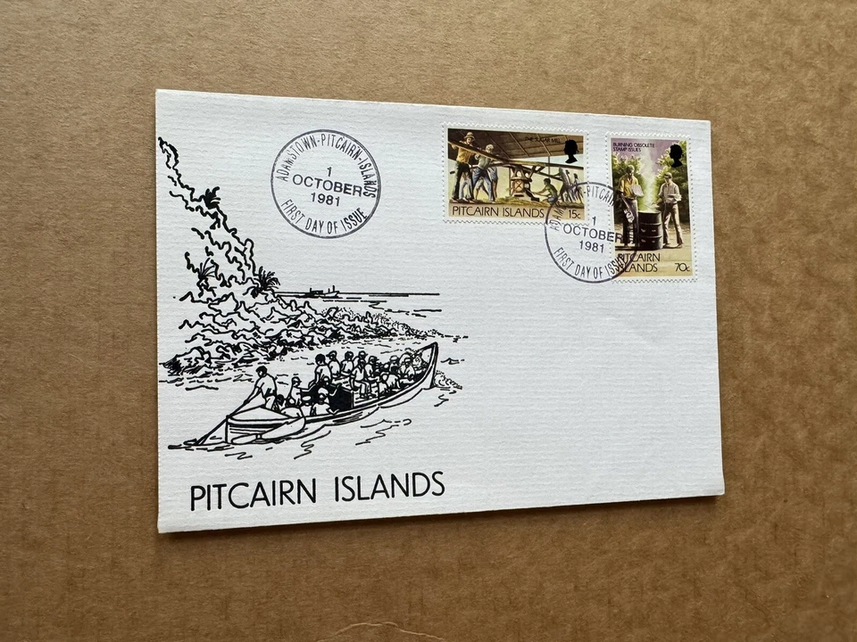 Pitcairn Islands 1981 FDC (61) Burning Obsolete Stamps +B&W Tourists on Boat Cac - Image 1 of 1