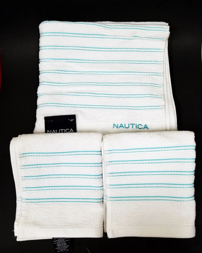 Nautica 3 PC Set Footrope White Teal Green Striped 1 Bath 2 Hand Towel