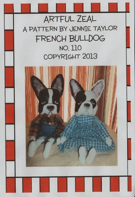 Buy 2 Get the 3rd FREE, PATTERN,  Primitive Folk Art Doll, French Bull Dog - Image 1 of 2