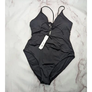 Aqua Swim Bathing Suit Womens Large One Piece Black Cut Out Open Back Lattice V - Picture 1 of 13
