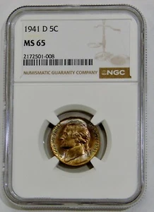 1941 D - Jefferson Nickel - NGC MS 65 - Rainbow Toned - Picture 1 of 4