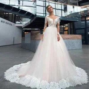Plus Size Wedding Dresses Long Sleeves Lace Tulle Appliques A Line Bridal Gowns - Picture 1 of 7