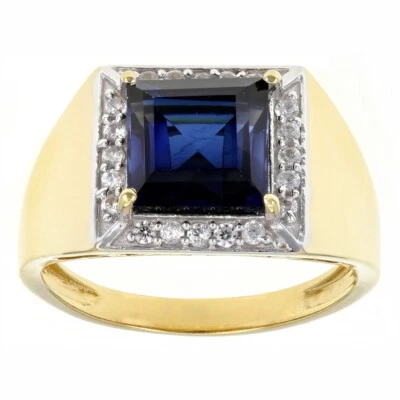 3.84 克拉公主切割蓝色蓝宝石 14K 黄金光环带男式戒指 — 第 1/4 张图片