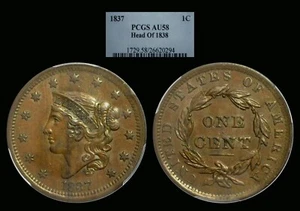 1837 Head of 1838 Large Cent graded PCGS AU58...Color!! - Picture 1 of 1