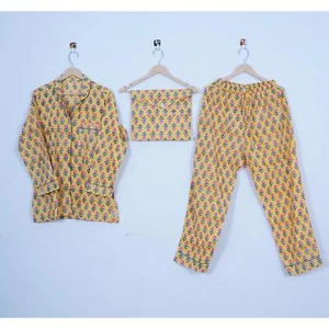 Indischer Baumwoll-PJs Anzug Hand Block Blumenmuster Damen Nachtwäsche Kleid ITW-51 - Bild 1 von 6