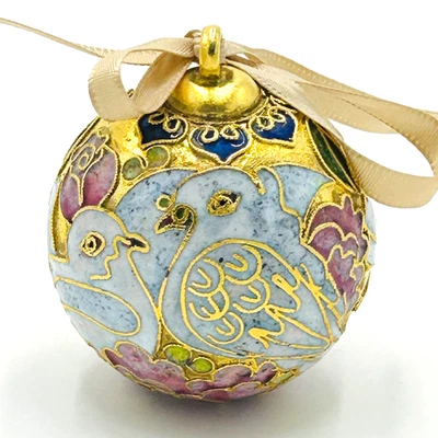 Vintage Cloisonne Doves & Peony Flower Globe Christmas Ornament - Image 1 of 4