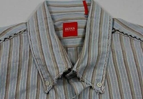 HUGO BOSS Camicia di Affari Blu Usato Braun Strisce Bianche Maniche Lunghe Tg. L - Immagine 1 di 1