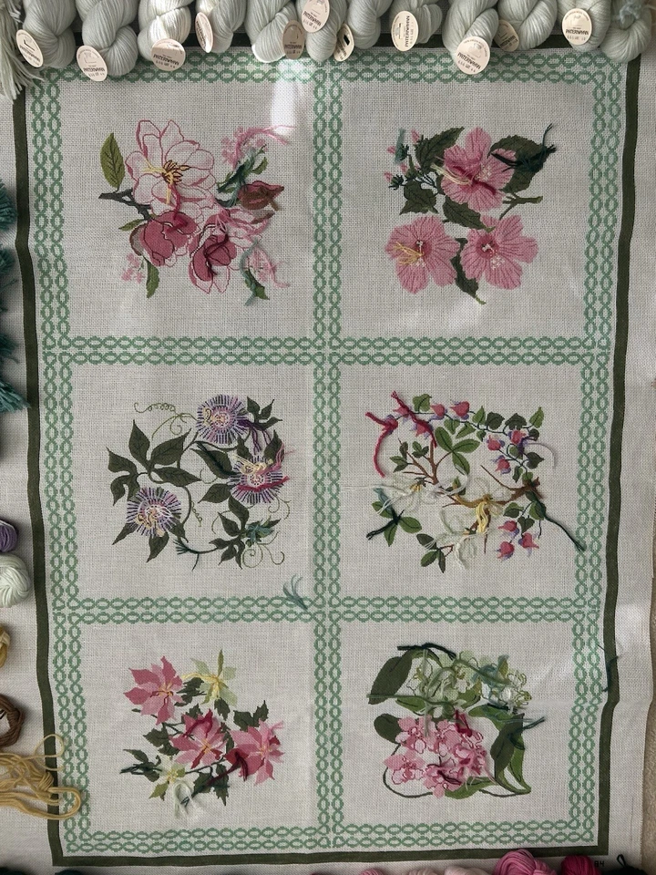 VNTG Large Needlepoint Rug Canvas Handpainted  Flowers with thread Paternayan - Image 1 of 4