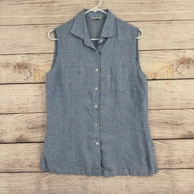 Camisa Loro Piana de lino sin mangas con botones para mujer M azul/blanco hecha en Italia Foto 1 de 4