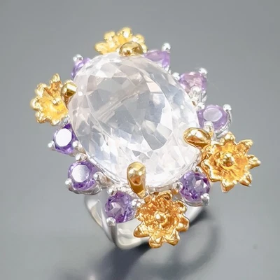 Anillo de cuarzo rosa natural fino arte plata de ley 925 tamaño 7,5/R414063 Foto 1 de 4